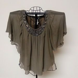 CRYSTAL EMBELLISHED RAYON BLEND LUXURIOUS OLIVE COLORED BLOUSE